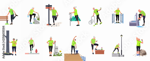 Obraz na plátně Collection of flat illustrations depicting active senior men and women engaged in various running and fitness activities to promote a healthy lifestyle