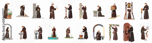 Photos A comprehensive set of vector illustrations showcasing monks performing various daily tasks and activities of monastic life against a plain white background