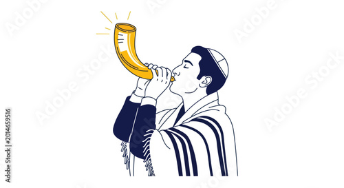 Foto Man Blowing Shofar, Jewish Tradition, Rosh Hashanah, Yom Kippur, White Backgroun