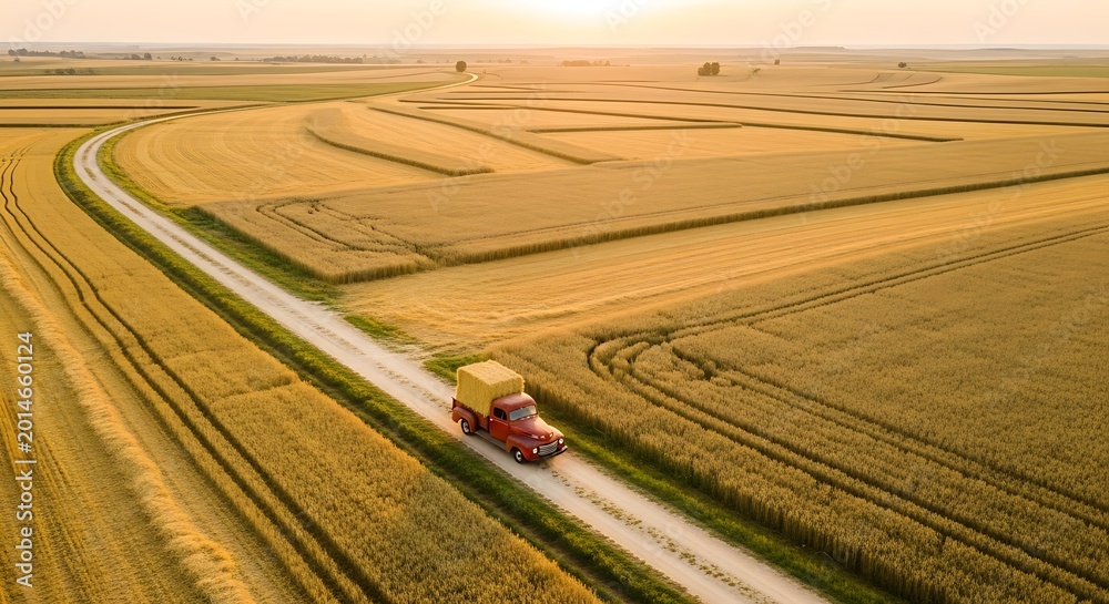 Fototapeta premium Tractor drives down rural road at sunset.
