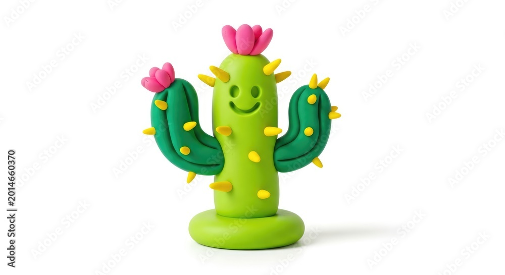 Fototapeta premium Cute Colorful Clay Cactus Figurine Smiling on White Background