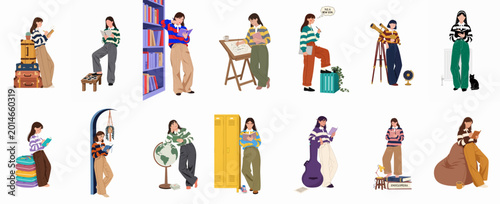 Bild auf Leinwand Flat vector illustrations set of a young woman student engaged in various hobbies, including reading, writing, drawing, and studying in different settings