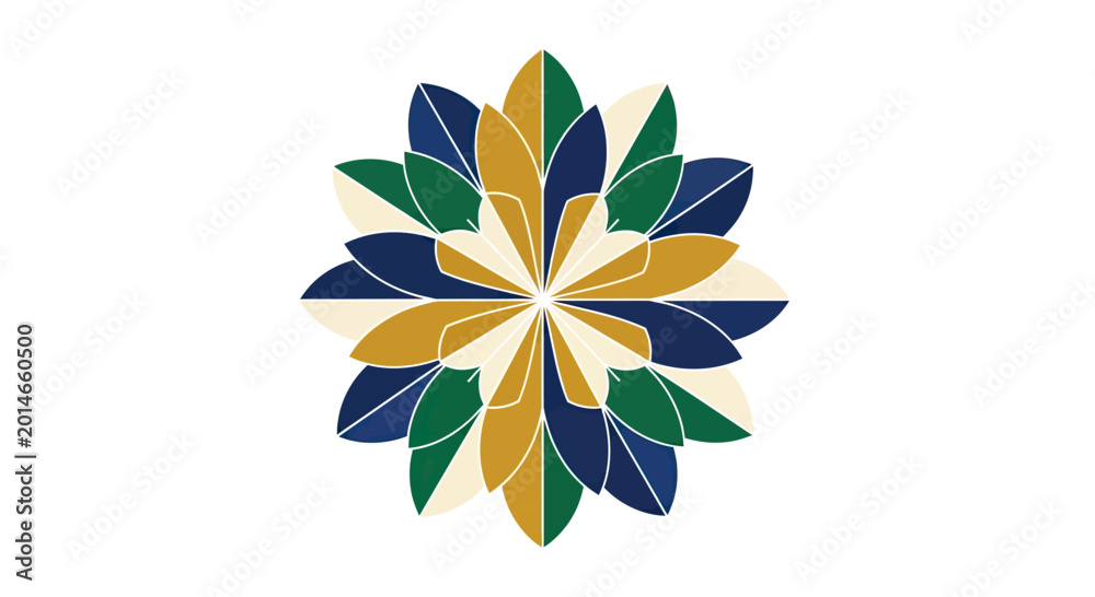 Obraz premium Intricate geometric flower with blue, green, gold, and cream petals