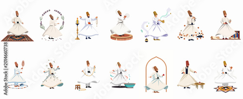 Photos Set of Minimalist Flat Vector Illustrations Depicting Sufi Whirling Dervishes in