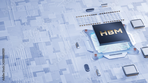 HBM high bandwidth memory technology 3D illustration perfect for AI computing article, semiconductor industry presentation, tech website banner and commercial marketing design assets