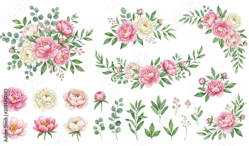 Romantic Watercolor Peony Floral Collection For Wedding Vector Design