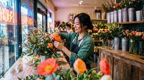 Smiling Asian female florist carefully arranging a colorful flower bouquet with orange poppies in a boutique flower shop