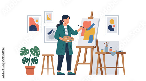 Artist painting abstract art on canvas easel