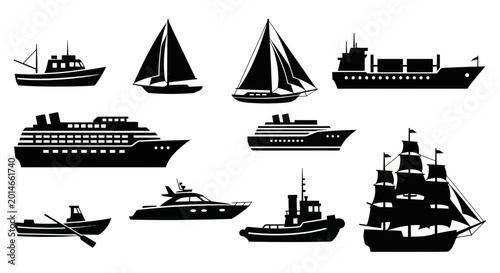 Фотография Diverse Silhouette Collection of Nautical Vessels and Boats on White Background