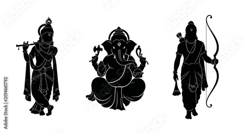 Bild auf Leinwand Hindu Deities Silhouette: Krishna, Ganesha, Rama - Indian Culture Icons
