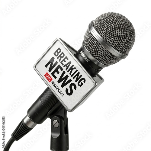 Fotografi Microphone with breaking news sign for live broadcast announcement