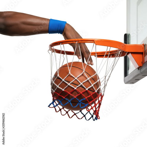 Powerful dark-skinned arm with blue wristband dunking basketball through orange hoop and red, white, blue net, close-up in white studio, portraying dynamic achievement