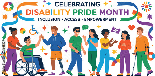 Obraz na płótnie Celebrating Disability Pride Month Banner with Diverse People Promoting Inclusio