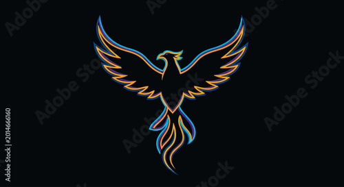 Foto A stylized phoenix with fiery wings and tail, outlined in neon colors