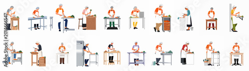 Tableau sur toile Diverse collection of professional kitchen staff in aprons and hairnets preparing, chopping, and peeling carrots at various workstations in a flat illustration style