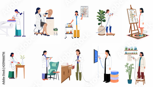 Fotografia Collection of diverse female practitioners performing advanced laser therapy, acupuncture, and alternative medical treatments in modern clinic settings