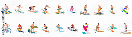 Photography Large collection of diverse male surfers riding ocean waves on colorful surfboards, flat vector illustrations isolated for summer beach sports designs