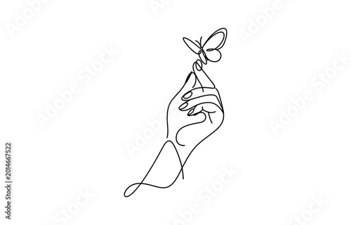 Foto Continuous line drawing of a hand holding a butterfly