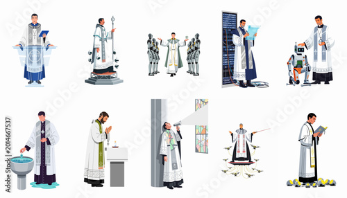Schilderij op canvas Futuristic priests and clergy members blending traditional religious practices with advanced technology, robots, and digital elements in a cyberpunk setting