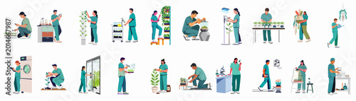 Konstfotografi Set of flat illustrations showing botanists and lab technicians in scrubs working in a modern indoor farm and plant research laboratory