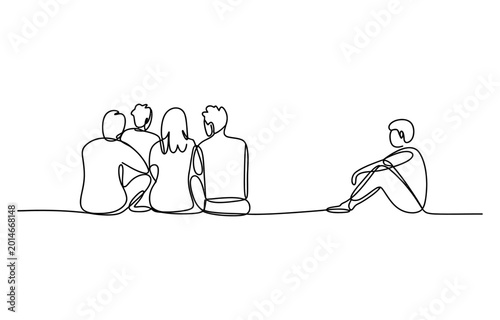 Photos Continuous line drawing of a group of friends and a lonely person