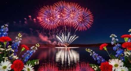 Spectacular Fourth of July Fireworks Display over Water with Floral Border.