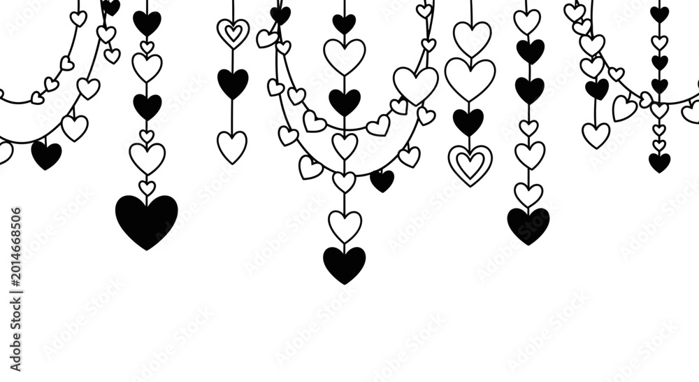 Fototapeta premium Black and White Hearts Hanging Garland Illustration
