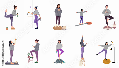 Foto Illustrations of women practicing balance exercises and multitasking in various daily scenarios and fitness poses at home