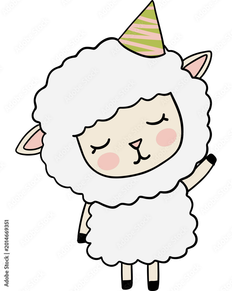Fototapeta premium Cute sheep character wearing party hat, smiling and waving, perfect for celebrations and children events