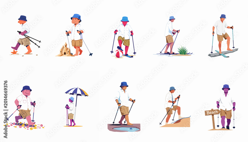 Fototapeta premium Set of Flat Illustrations Featuring a Man in Beach Attire Engaging in Trekking and Skiing Activities on a Sandy Beach Environment