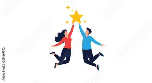 Energetic man and woman jumping high to reach and catch a giant golden star symbolizing success and dreams.