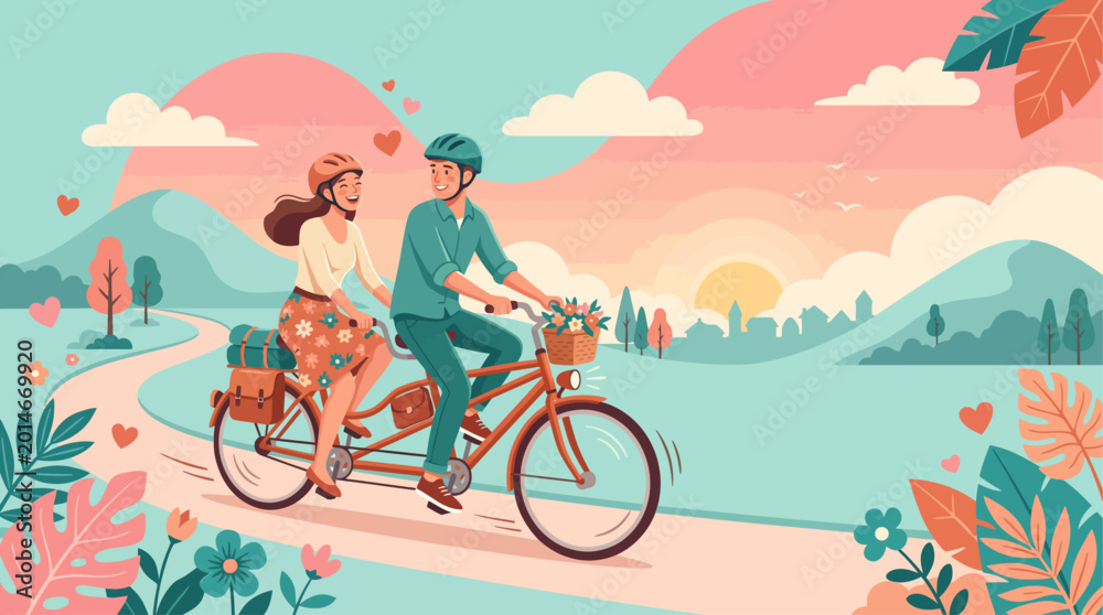 Naklejka premium World Bicycle Day A romantic couple cycles happily on a tandem bike through a charming, serene landscape, celebrating love, nature's beauty, and shared outdoor adventures