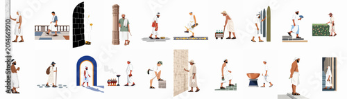 Foto Flat illustration set of Muslim pilgrims in Ihram performing various activities during Hajj or Umrah pilgrimage in Mecca