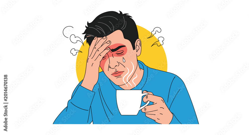 Fototapeta premium Sick man suffering from a severe headache and fever while holding a steaming hot cup of tea against a yellow background.