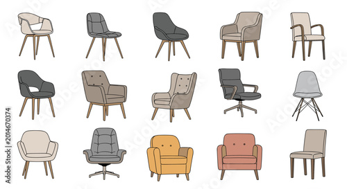 Large collection of different modern chair and armchair designs in various colors and styles for home or office interior.