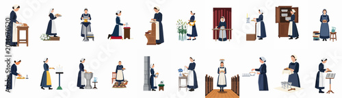 Foto Set of vector illustrations depicting women in traditional colonial or Puritan attire performing various domestic and service tasks in a minimalist style