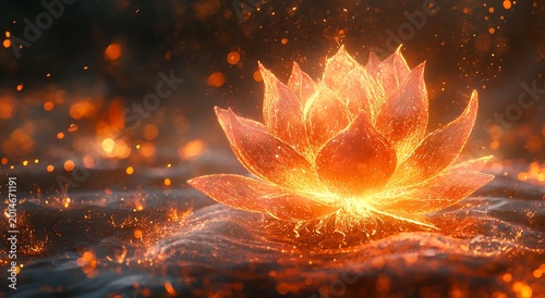 Sacred lotus flower glowing with spiritual fire particles light picture
