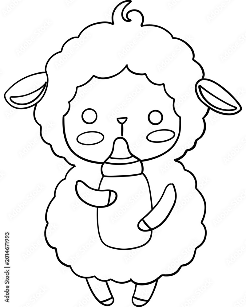 Fototapeta premium Cute sheep character holding baby bottle, featuring fluffy wool and playful expression, perfect for children themes