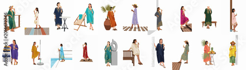 Obraz na plátne Minimalist Vector Illustrations of Women in Elegant Kaftans and Resort Wear Enjo