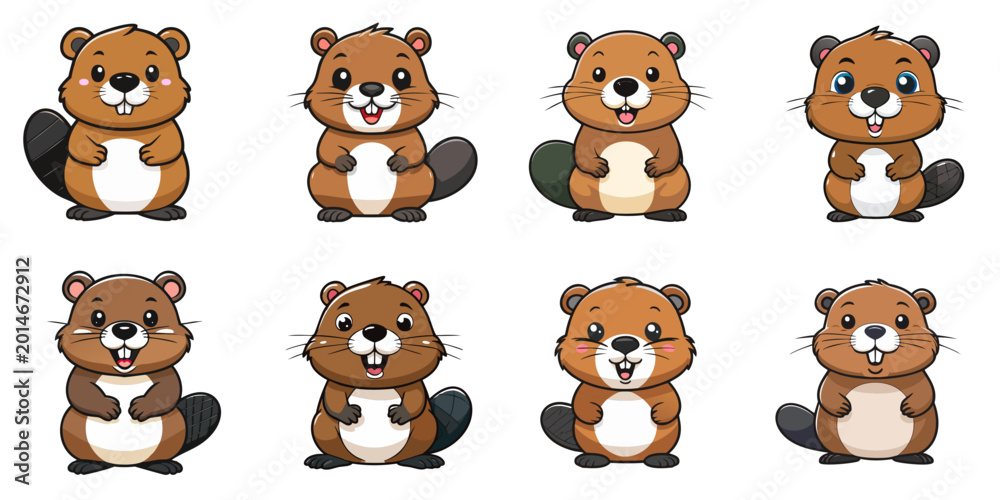 Obraz premium Multiple vector illustrations of cute beavers
