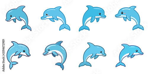 Multiple vector illustrations of cute dolphins