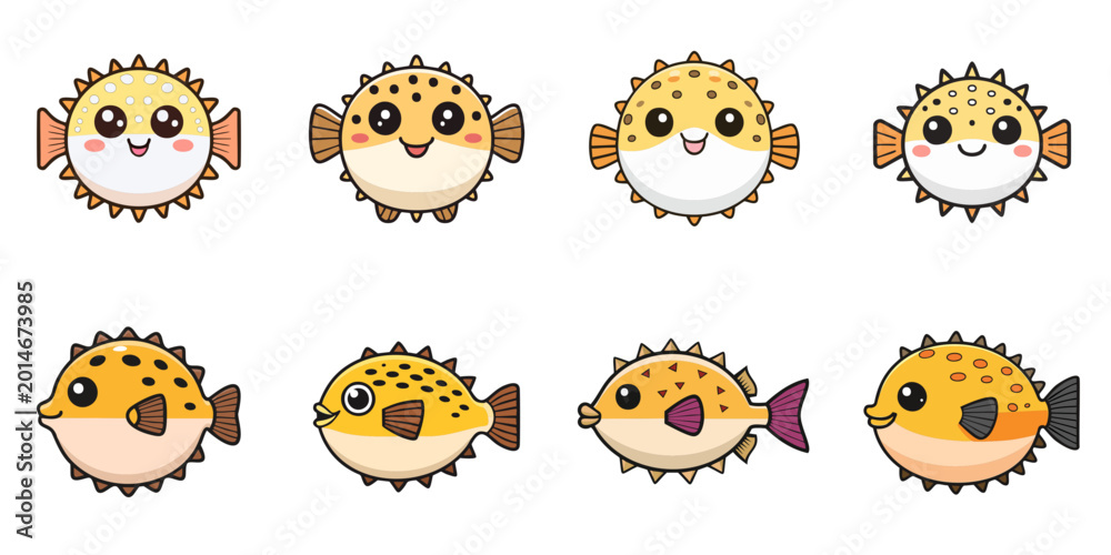 Naklejka premium Multiple vector illustrations of cute pufferfish