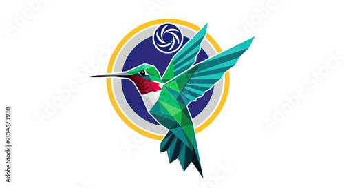 Tableau sur toile Geometric hummingbird hovers near a circular emblem with a swirling design