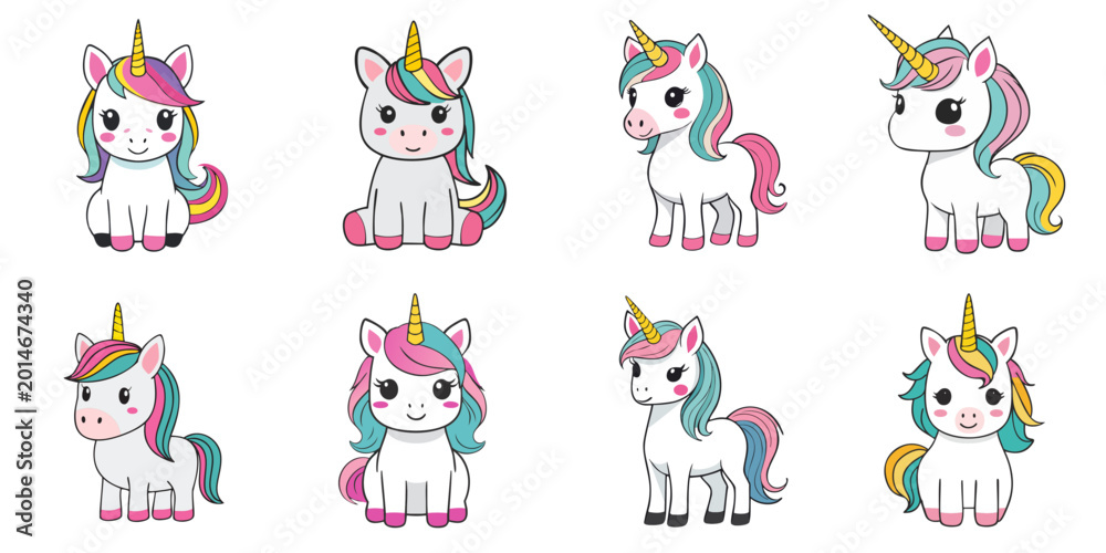 Fototapeta premium Multiple vector illustrations of cute unicorns