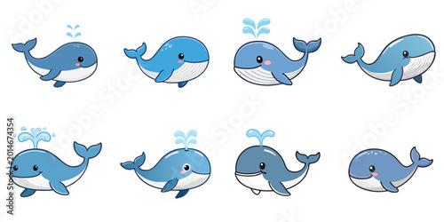 Multiple vector illustrations of cute whales
