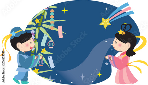 七夕の再会を喜ぶ織姫と彦星　タイトル　見出し