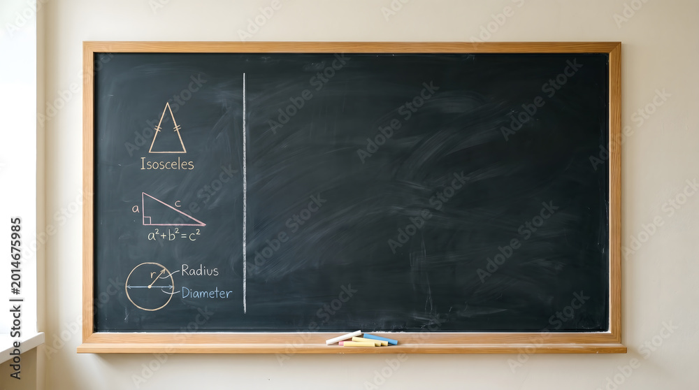 Fototapeta premium Educational Blackboard with Geometric Shapes, Math Formulas, and Blank Copy Space for Learning Concepts
