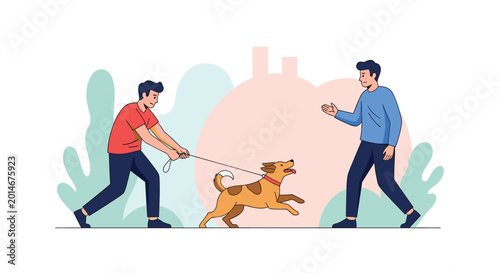 Man walking a brown dog on a leash through a park while waving to a friend or neighbor in a friendly outdoor setting.