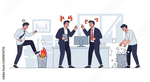 Chaotic office environment with angry businessmen shouting at each other and a burning trash can to illustrate toxic workplace culture.