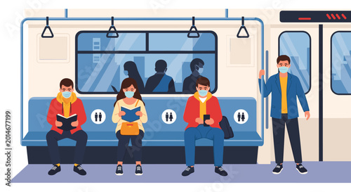 Passengers wearing protective face masks sitting on a subway train with social distancing markers for public health.